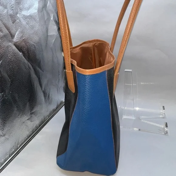 Gently Used Neiman Marcus Blue, Black, Brown Pebble Texture  Faux Leather Tote - Picture 4 of 9